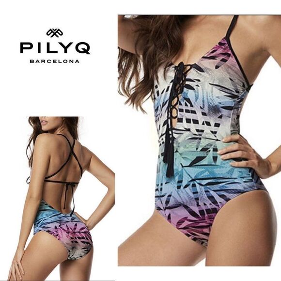 New. Pilyq lace up front multicolored bamboo print swimsuit. Normally $149 - Picture 1 of 11
